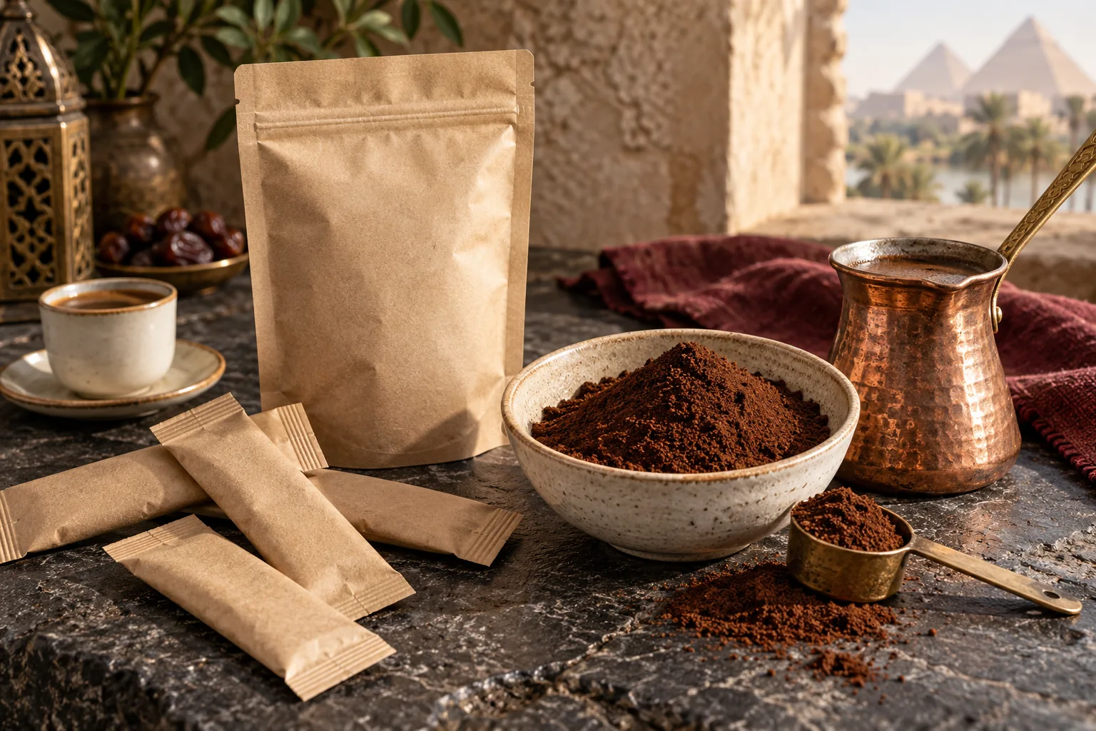 أظرف وباكيت غير مطبوعين بجوار بن مطحون وكنكة