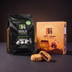 باكيت قهوة موكا محوج وسط ٥٠٠ جرام مع علبة معمول بالتمر