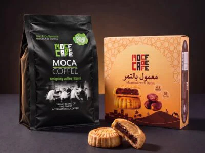 باكيت قهوة موكا محوج وسط ٥٠٠ جرام مع علبة معمول بالتمر